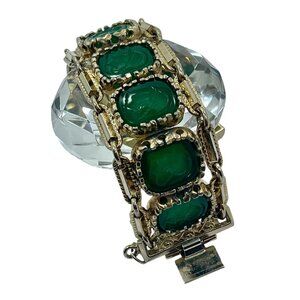 Vintage Italian Gold-Plated Green Intaglio Bracelet 6.5” 9 Glass Cameos